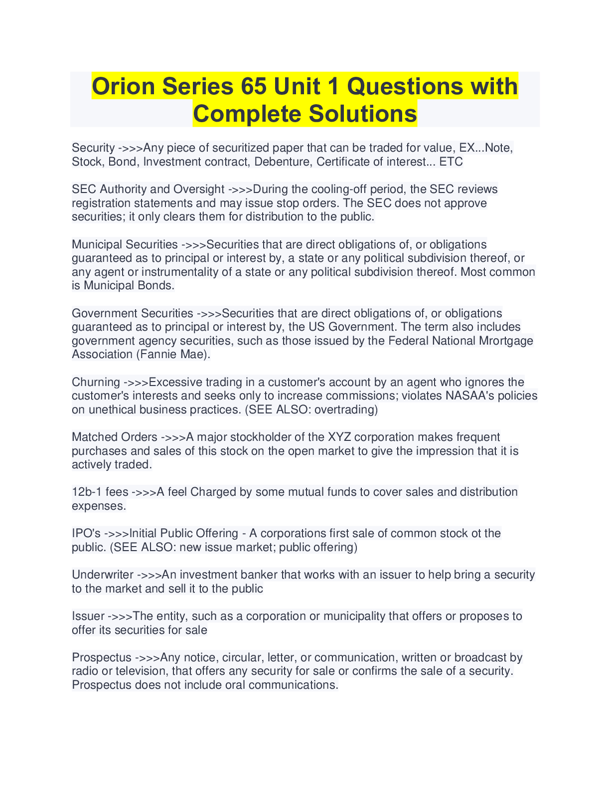 Preview image for Orion Series 65 Unit 1 Questions with Complete Solutions